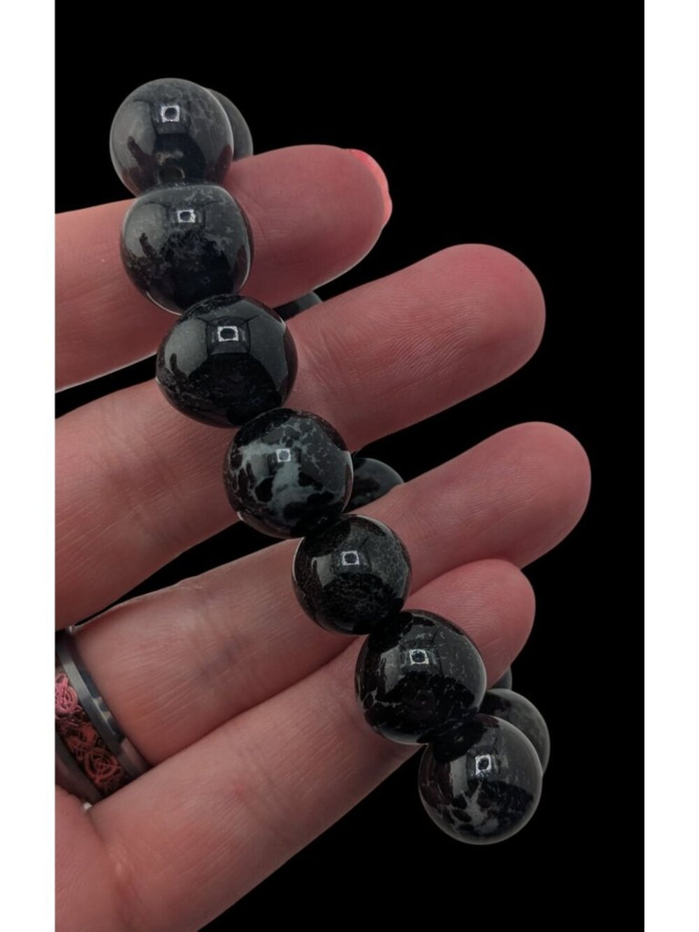 Goth Black Ceramic Beaded Bracelet Speckled Round Beads Stretch Statement Jewelr
